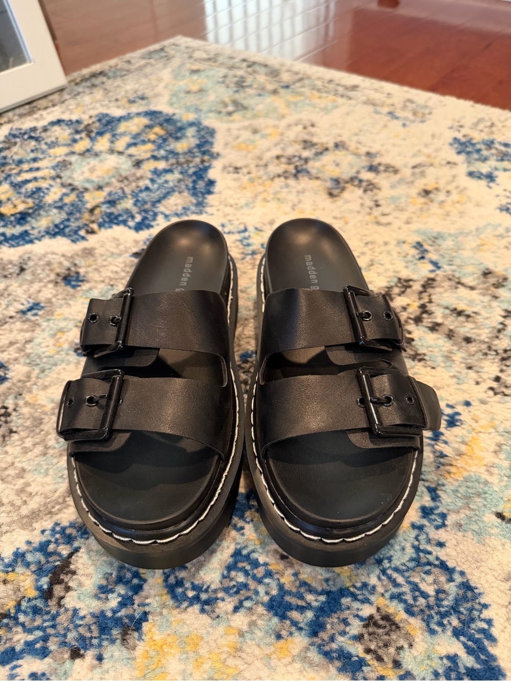 Madden girl dizzy Black Double-Buckle Platform Slide Sandals